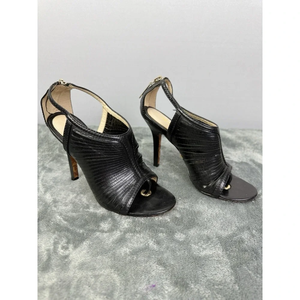 L.A.M.B. Gwen Stefani Black Leather Ankle Strappy‎ Caged Sandals High Heels 5.5